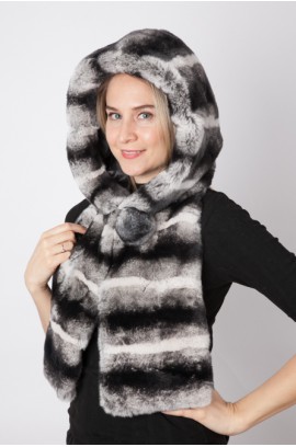 Rex chinchilla fur hood-scarf